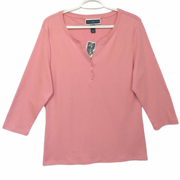 Karen Scott Cotton Henley Top Size M 3/4 Sleeves Dark Pink New - Picture 2 of 7